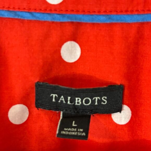 Talbots L red orange & white polka dot cotton button up collared shirt - Picture 9 of 11
